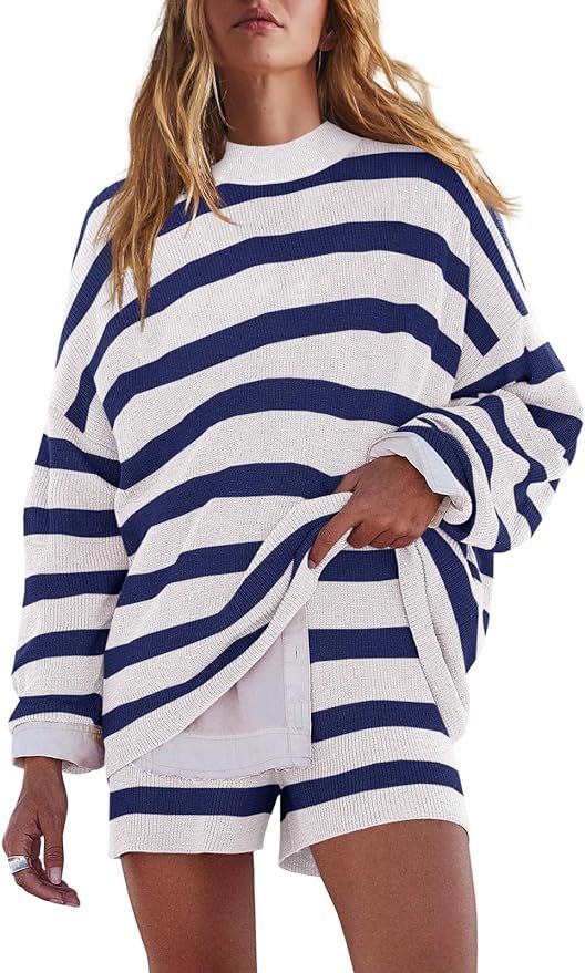 LAMISSCHE Womens Oversized Lounge Sets 2 Piece Outfits Striped Matching Pajama Set Long Sleeve Sw... | Amazon (US)