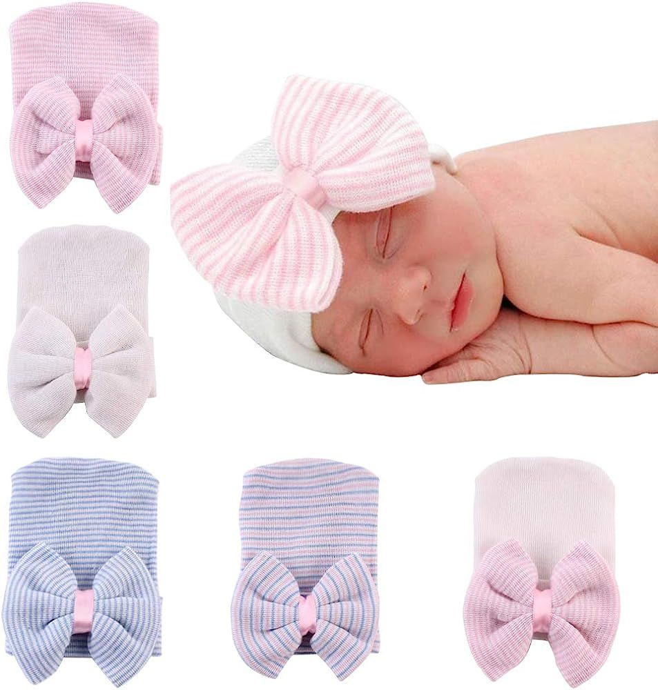 upeilxd Newborn Hospital Hat Infant Baby Hat Caps with Bow Soft Cute Nursery Beanie Hat | Amazon (US)