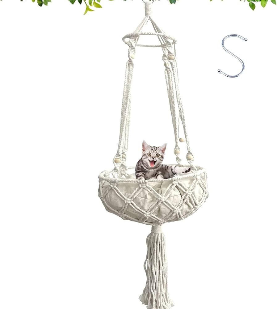 kathson Macrame Cat Hammock with Cushion,Handwoven Cats Bed,Hanging Indoor Boho Kitten Swing Beds... | Amazon (US)
