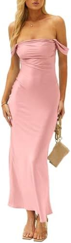 LYANER Women's Satin Off Shoulder Strapless Short Sleeve Bodycon Party Long Dress | Amazon (US)