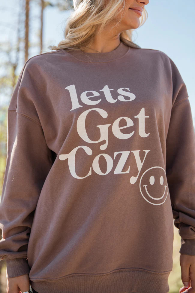 Lets Get Cozy Mocha Oversized Graphic Sweatshirt | Pink Lily
