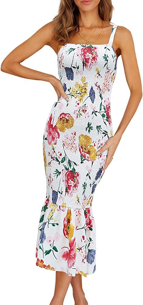 PRETTYGARDEN Women's Summer Floral Midi Tank Dress Sleeveless Strappy Ruffle Hem Smocked Bodycon ... | Amazon (US)