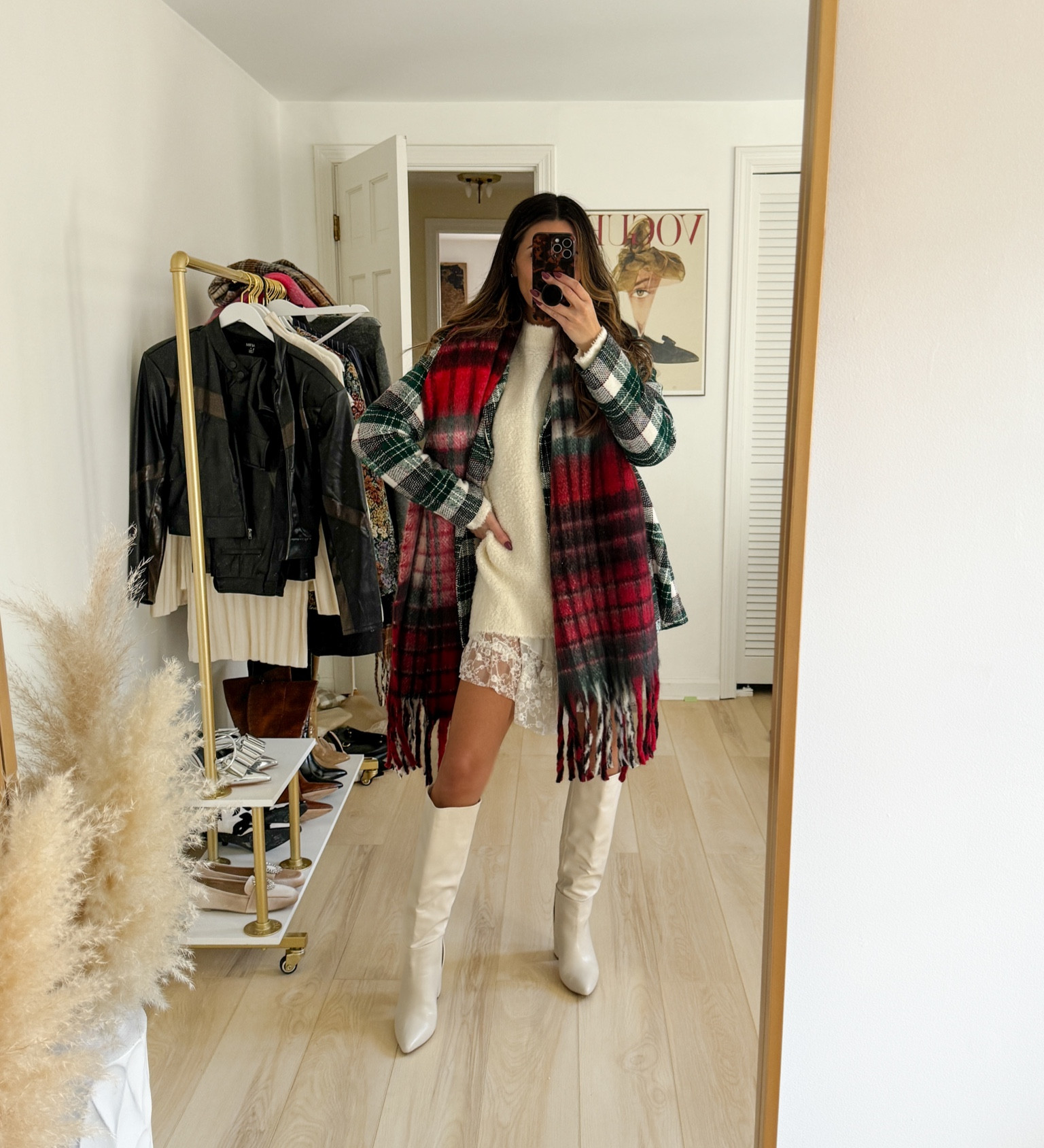 Easy cozy holiday outfit -- white lace tunic (XS) cream sweater dress (XS) and a plaid jacket(medium)  and chunky knit scarf

#LTKSeasonal #LTKHoliday #LTKfindsunder100