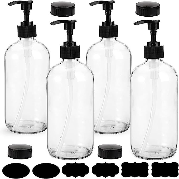yarlung 4 Pack 16 Oz Glass Pump Bottles, Clear Refillable Containers Glass Soap Dispenser for Ess... | Amazon (US)