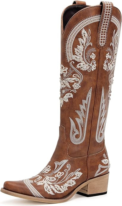 Western Cowboy Boots for Women Embroidered Rhinestones Knee High Cowgirl Boots Pointed Toe Chunky... | Amazon (US)