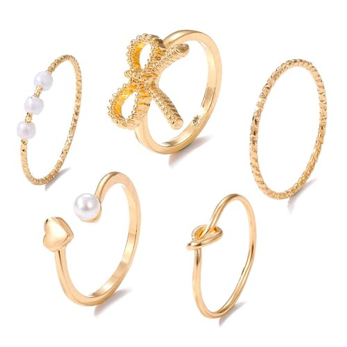 HUASAI Gold Bow Ring Set for Women Trendy Ribbon Bow Knot Rings Cute Pearl Ring Silver Stackable Rings Adjustable Open Knuckle Rings Dainty Jewelry Gifts | Amazon (US)