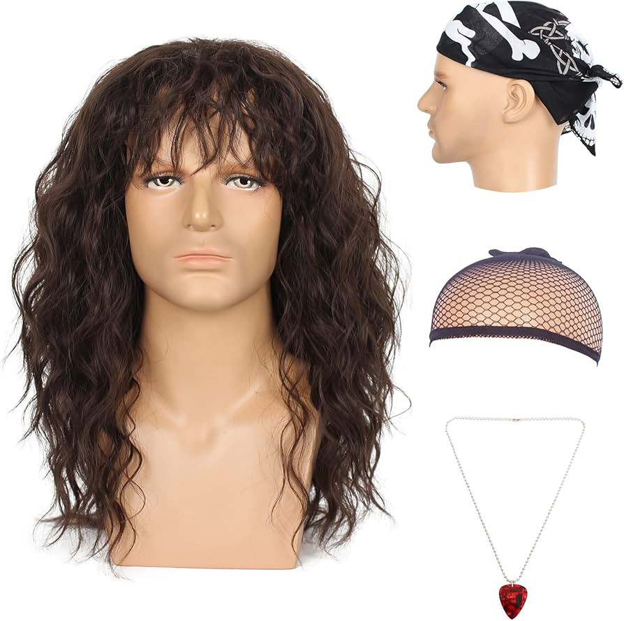 WeKen Mens Mullet Long Brown Curly Wig Set for Eddie Munson Cosplay Heavy Metal Punk Rock 80s Roc... | Amazon (US)