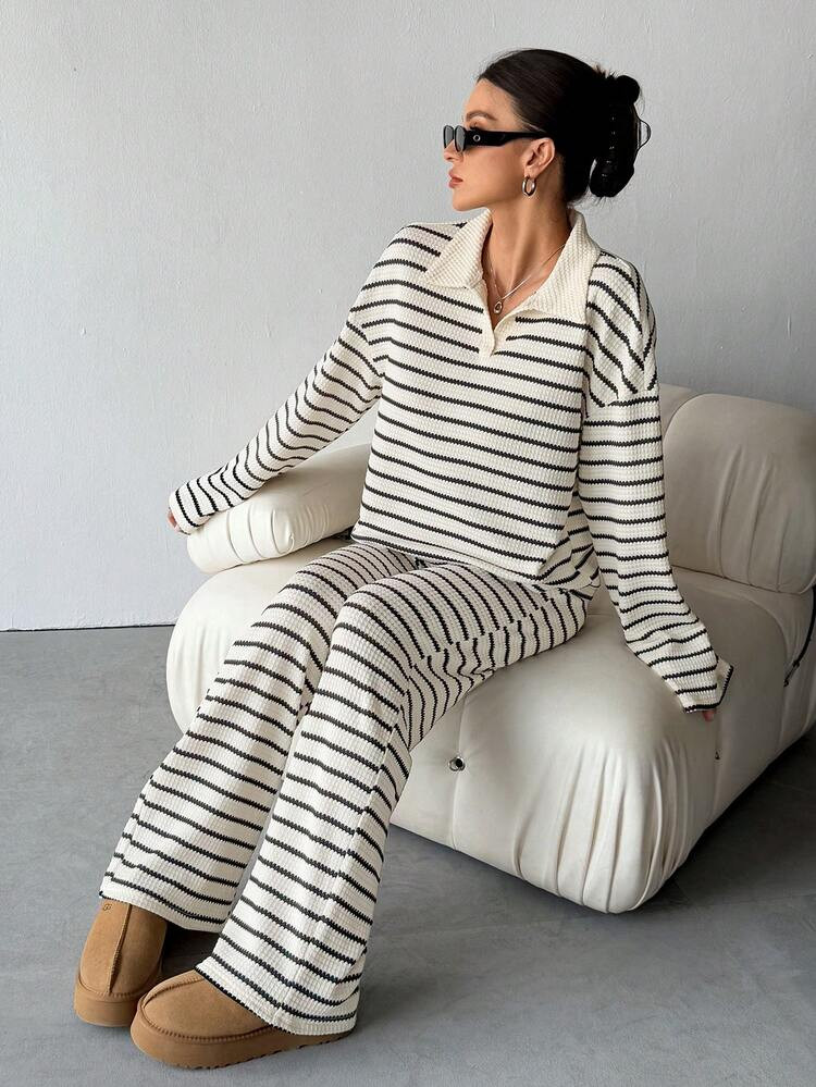 SHEIN Tall Women's 2pcs Set Loose Striped V-Neck Drop Shoulder Long Sleeve T-Shirt &Elastic Waist Striped Pants, Winter Sweater Suit ,Autumn/Winter Two Piece Set Women Comfy Two Piece Lounge Set Lounge Wear Striped Set Comfortable Two Piece Set,Fall,Fall Clothes For Women | SHEIN