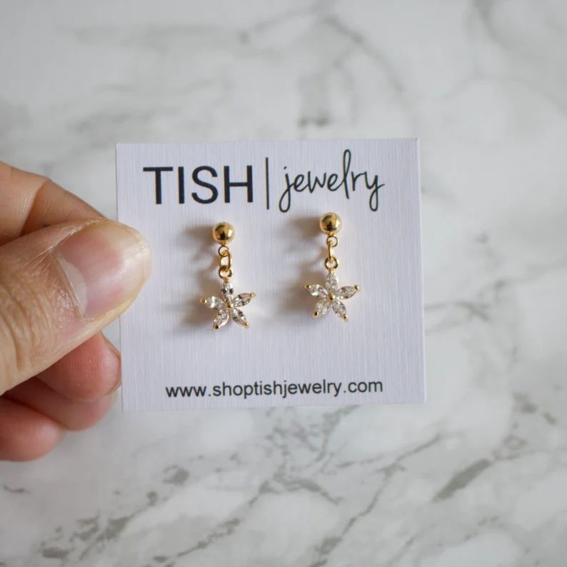Rhinestone Flower Earrings. Crystal Flower Earrings. Spring Earrings. Gold Charm Earrings.Dainty ... | Etsy (US)