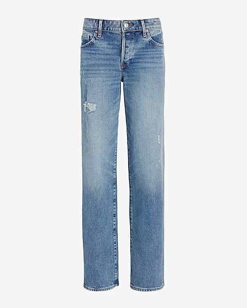 Low Rise Medium Wash Ripped Baggy Straight Jeans | Express