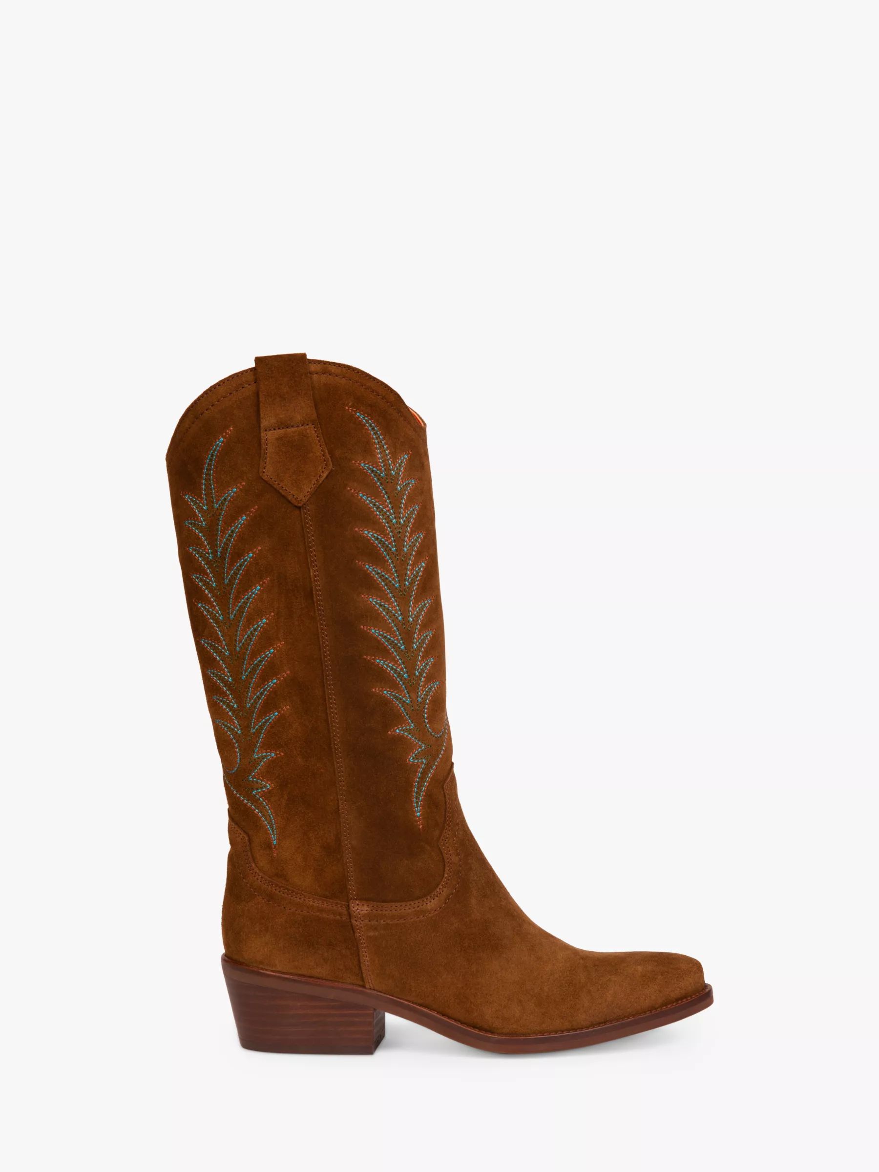 Penelope Chilvers Goldie Embroidered Suede Cowboy Boots, Tan | John Lewis (UK)