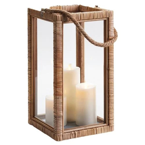 Gaia Coastal Beach Natural Rattan Wrapped Frame Lantern Candleholder - Small | Kathy Kuo Home