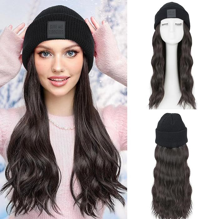S-noilite Beanie Wig Hair Extensions,18 Inch Long Wavy Hair Extensions with Knitted Hat Hairpiece... | Amazon (US)