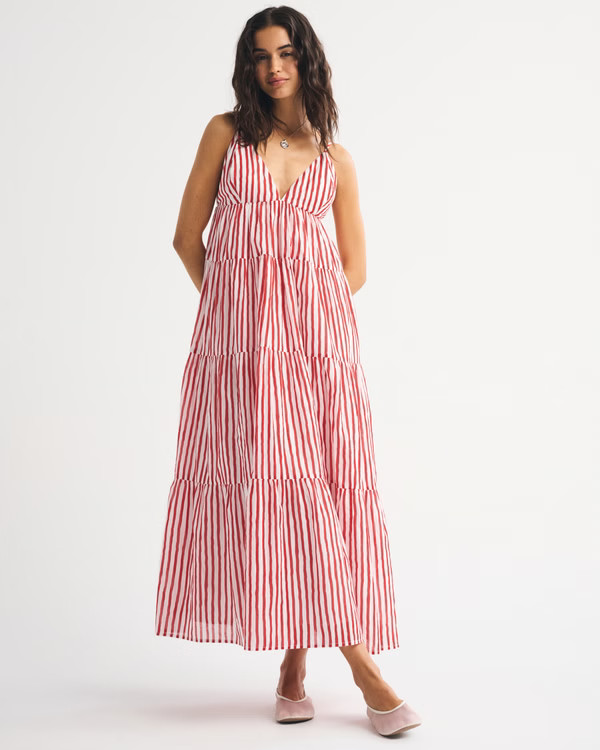 Bra-Free V-Neck Tiered Flowy Maxi Dress | Abercrombie & Fitch (US)