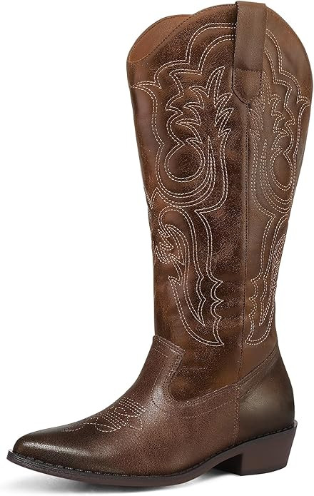 mysoft Women's Wide Calf Cowboy Boots Pull on Cowgirl Embroidered Mid Calf Pointed Toe Chunky Hee... | Amazon (US)