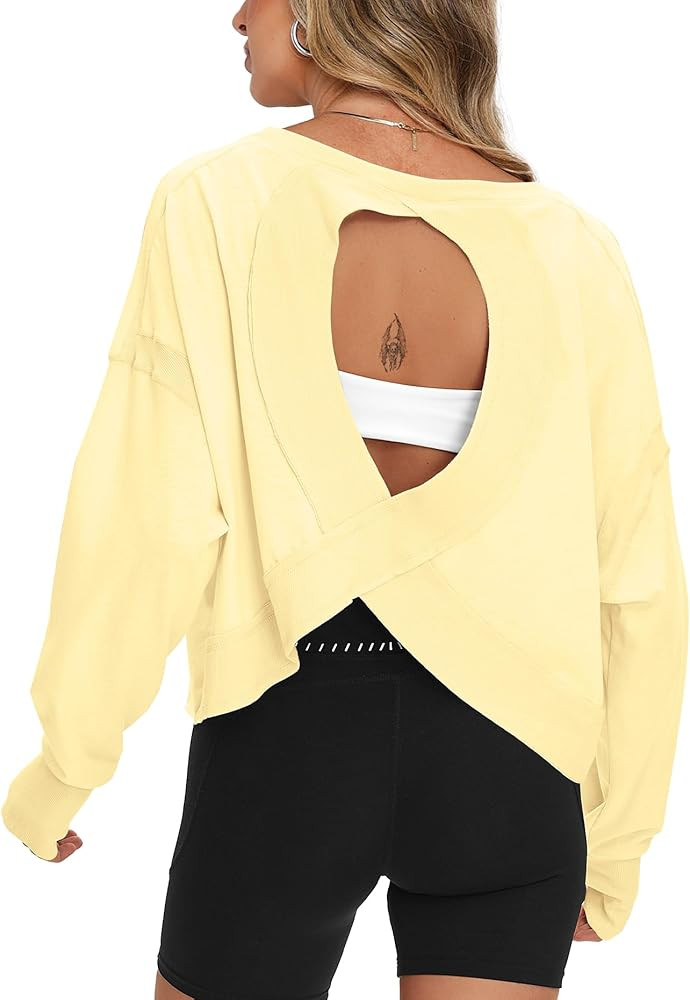 Darong Women's Open Back Workout Top Oversized Athletic Shirt Long Sleeve Crop Top with Thumb Hol... | Amazon (US)