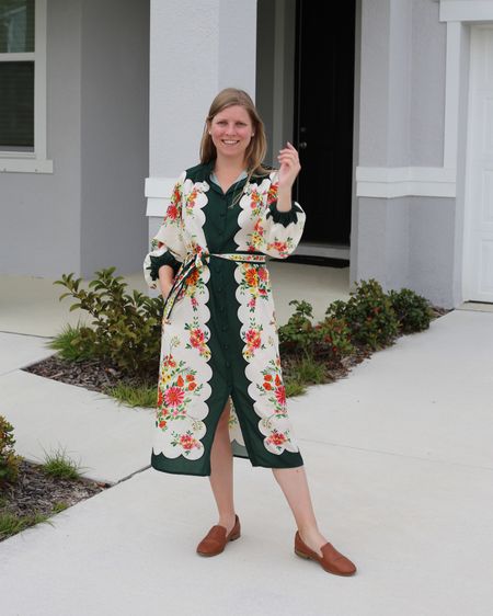 Floral scallop green shirtdress. Fall/winter designer look a like dress  