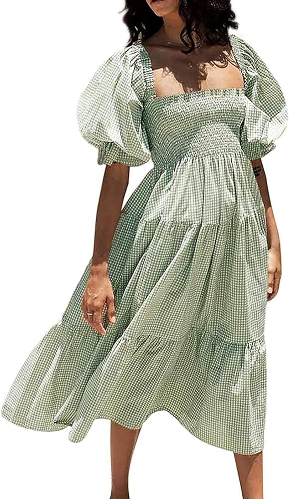 Women's Summer Cotton Plaid Puff Sleeves Bow Casual Off-Shoulder Boho Midi Dress, Plaid Tube Flow... | Amazon (US)