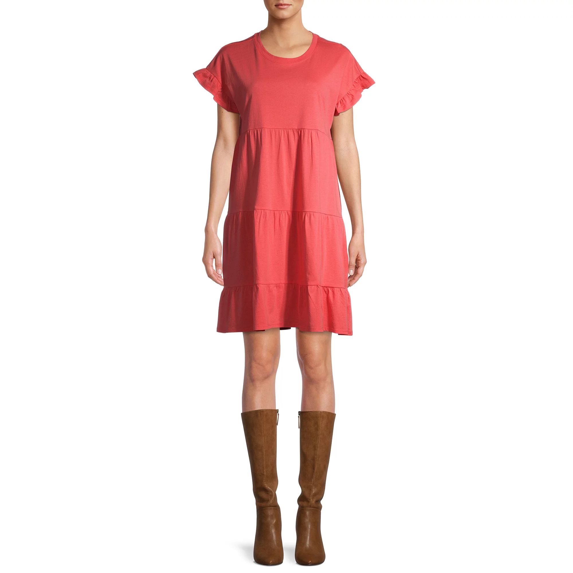 Time and Tru Women's Flutter Sleeve Knee Length Tiered Dress | Walmart (US)