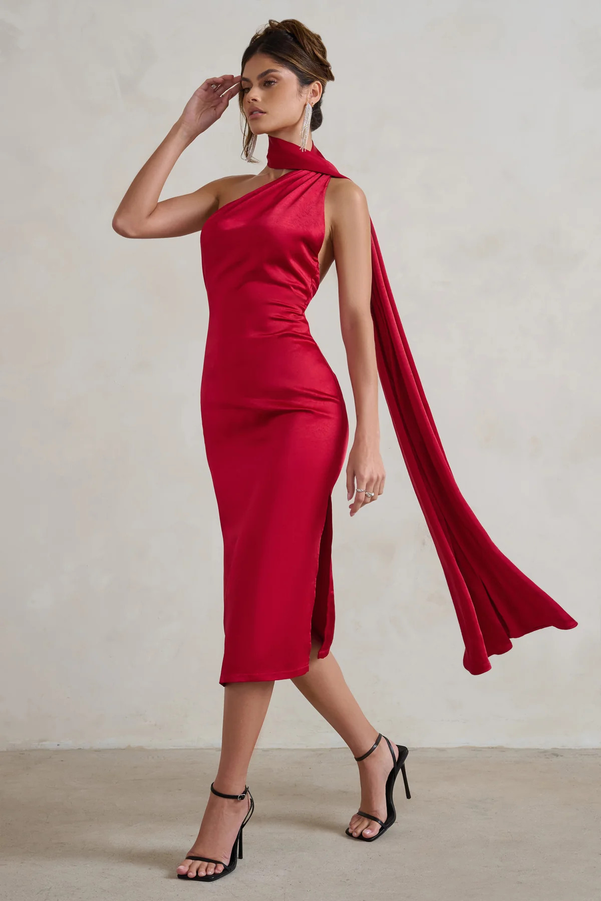 Madame | Berry Red Satin Asymmetric Scarf Neck Backless Midi Dress | Club L London