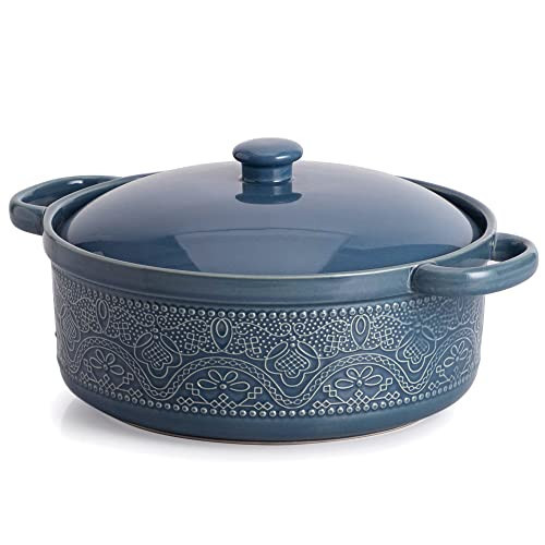 FUN ELEMENTS Lace Emboss Casserole Dish with Lid, 2 Quart Oven to Table Ceramic Round Serving Dish with Handles for Dinner and Party, Thanksgiving Christmas Gifts(Grayish Blue) | Amazon (US)