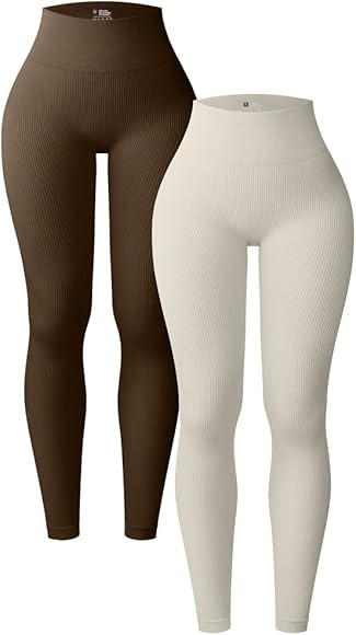OQQ Leggings de yoga de 2 piezas para mujer, acanalados, sin costuras, pantalones deportivos de c... | Amazon (US)