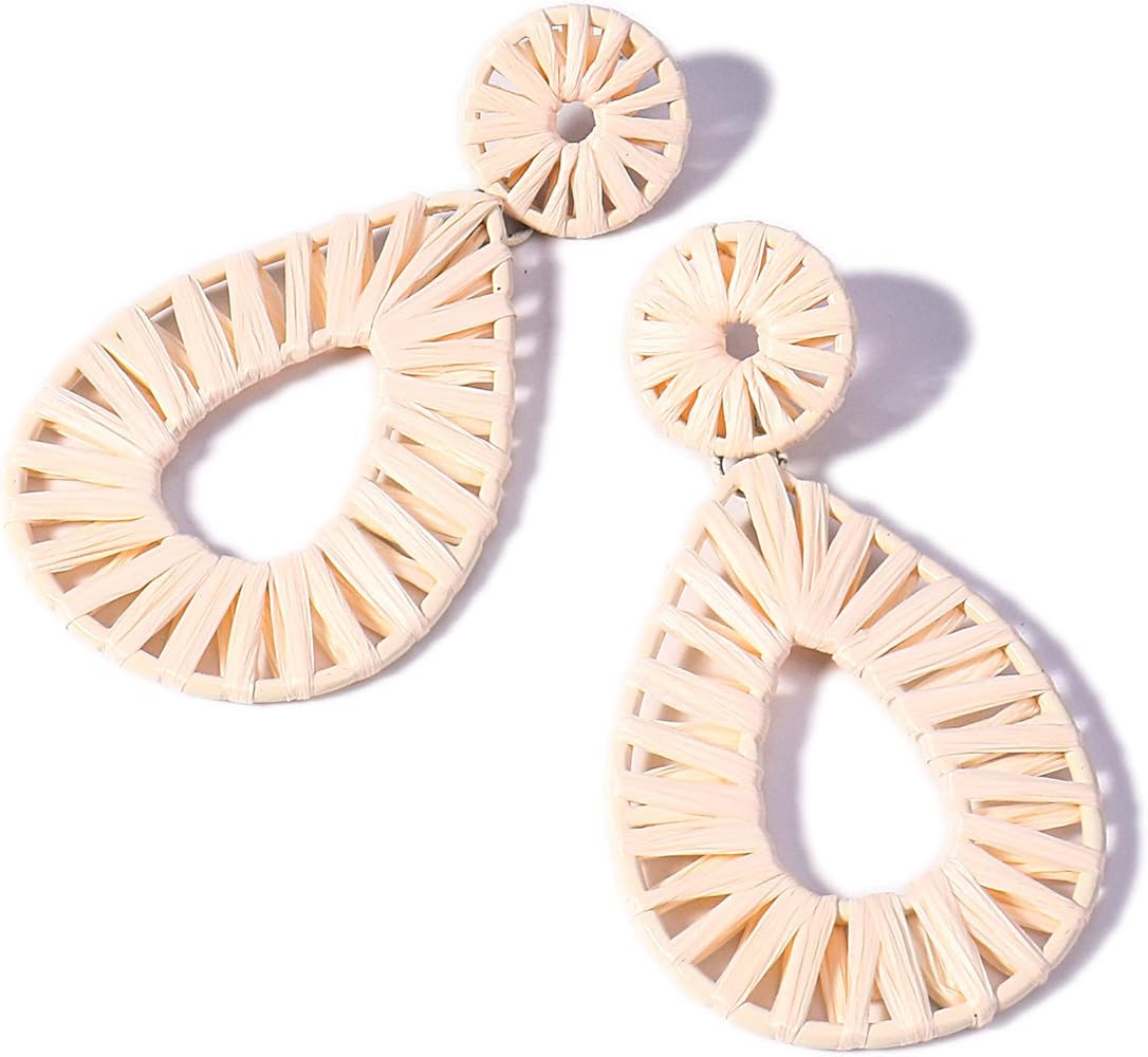 Boho Raffia Earrings Statement Teardrop Earrings Drop Dangle Bohemian Earrings for Women Cute Han... | Amazon (US)