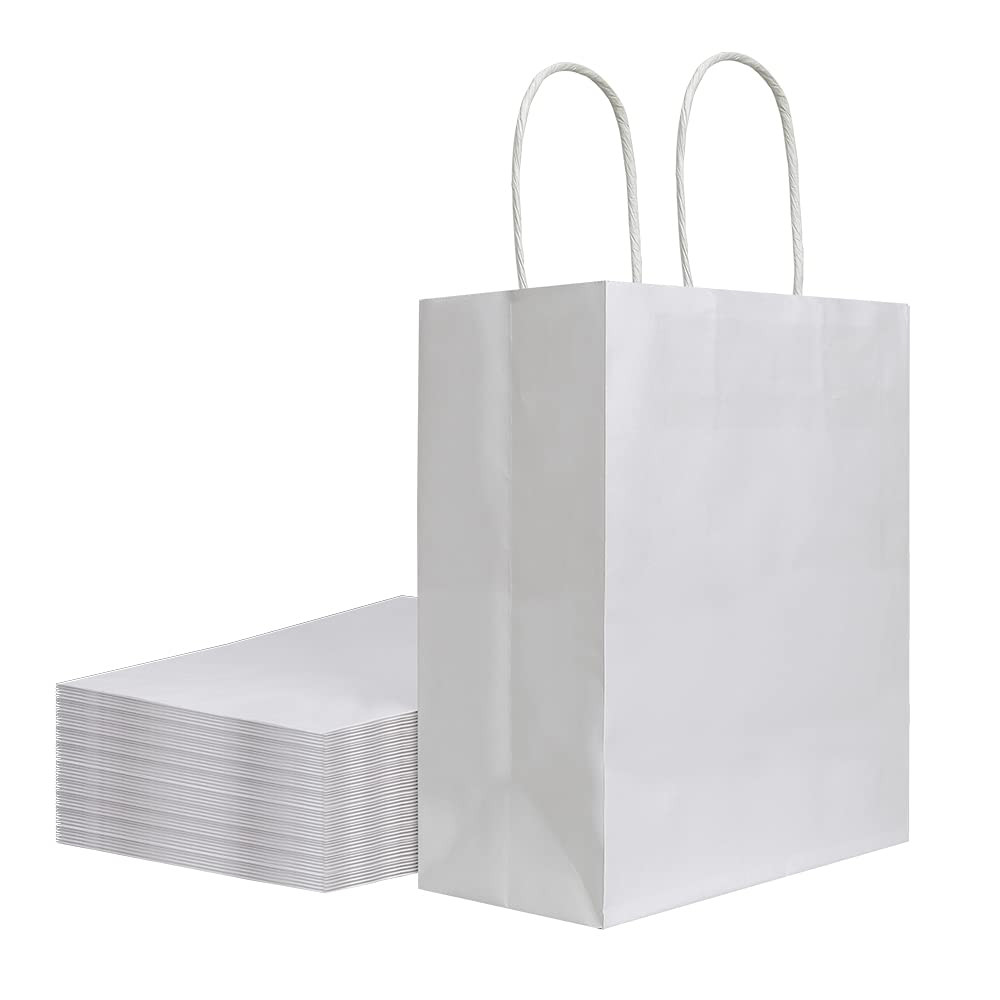 Bolsas de papel Kraft de color blanco mediano con asas a granel, bolsas de regalo Bagmad 8x4.75x1... | Amazon (US)