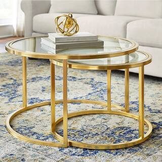 Cheval 2-Piece 30 in. Gold/Glass Medium Round Glass Coffee Table Set with Nesting Tables | The Home Depot