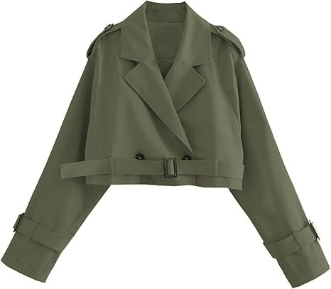 Xiaoxuemeng Womens Cropped Bike Jacket Casual Double Breasted Trench Coat with Belt | Amazon (US)