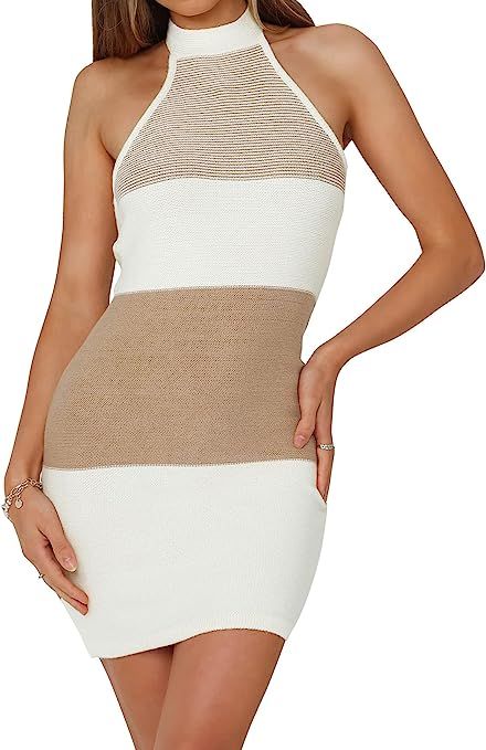 ZOWODO Women's Halter Neck Sleeveless Striped Color Block Backless Bodycon Knitted Sweater Mini D... | Amazon (US)