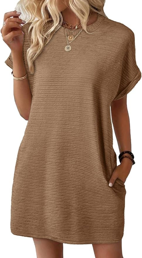 EVALESS Womens Short Sleeve Dresses Crewneck Mini Dress | Lightweight Breathable Fabric, Short Sl... | Amazon (US)