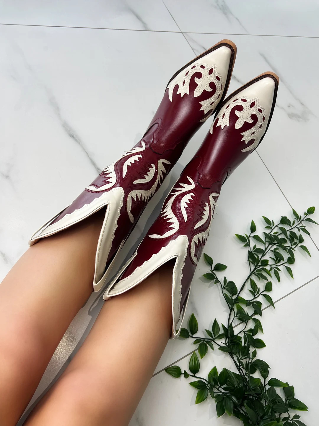Cowboy Western Boots Burgundy Red & Cream - Etsy | Etsy (US)