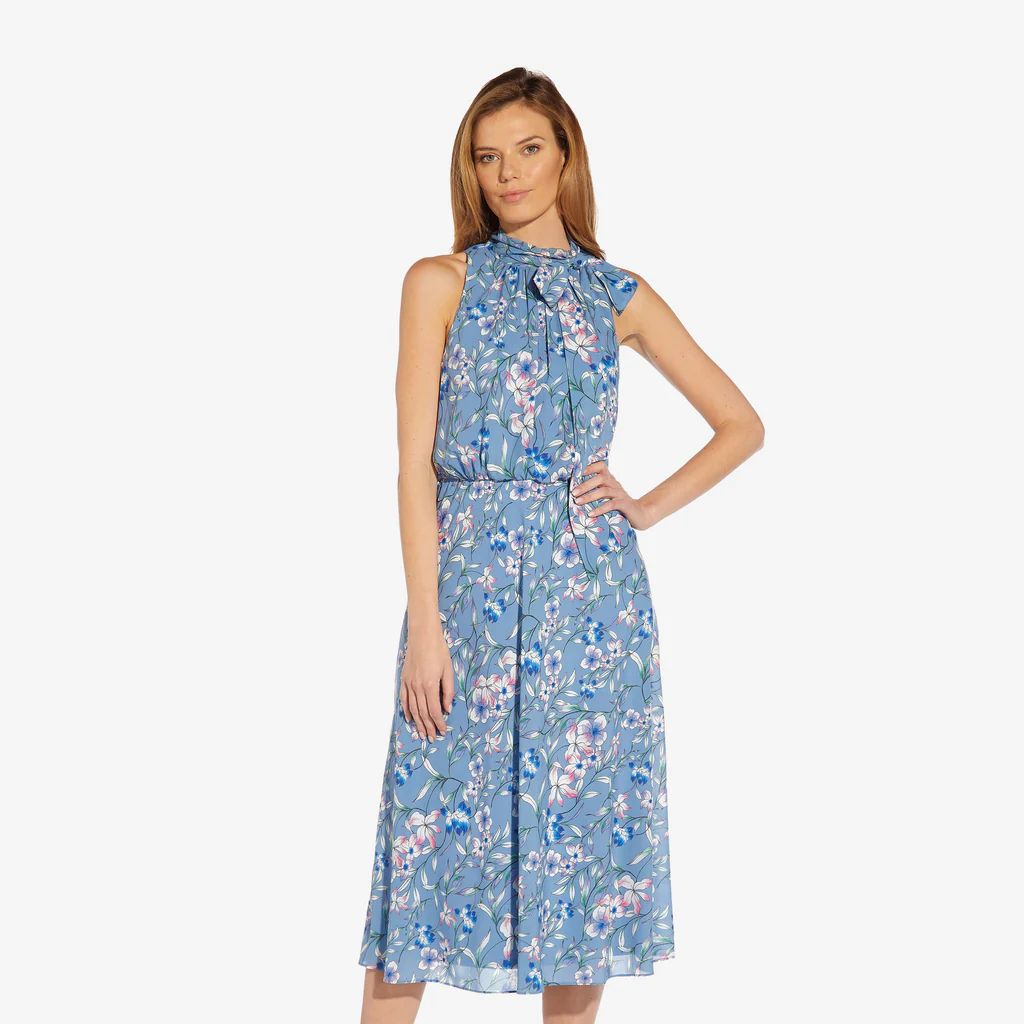 Floral-Print Tie-Neck Midi-Length Chiffon Halter Dress In Blue Multi | Adrianna Papell