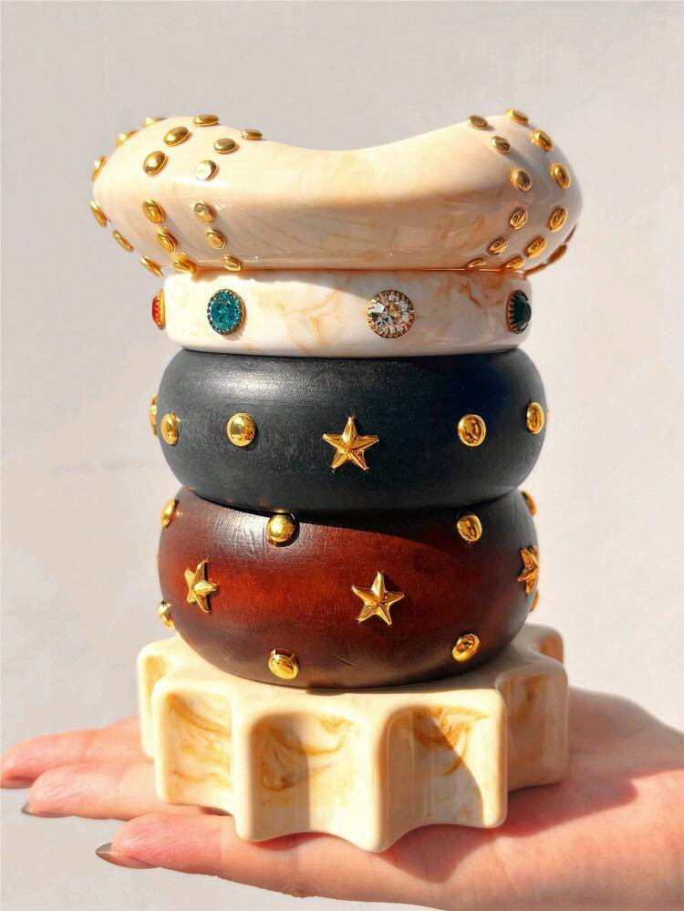 Vintage Asymmetrical Wide Resin & Wooden Bracelet, Geometric Crystal Inlaid Autumn/Winter New Bra... | SHEIN