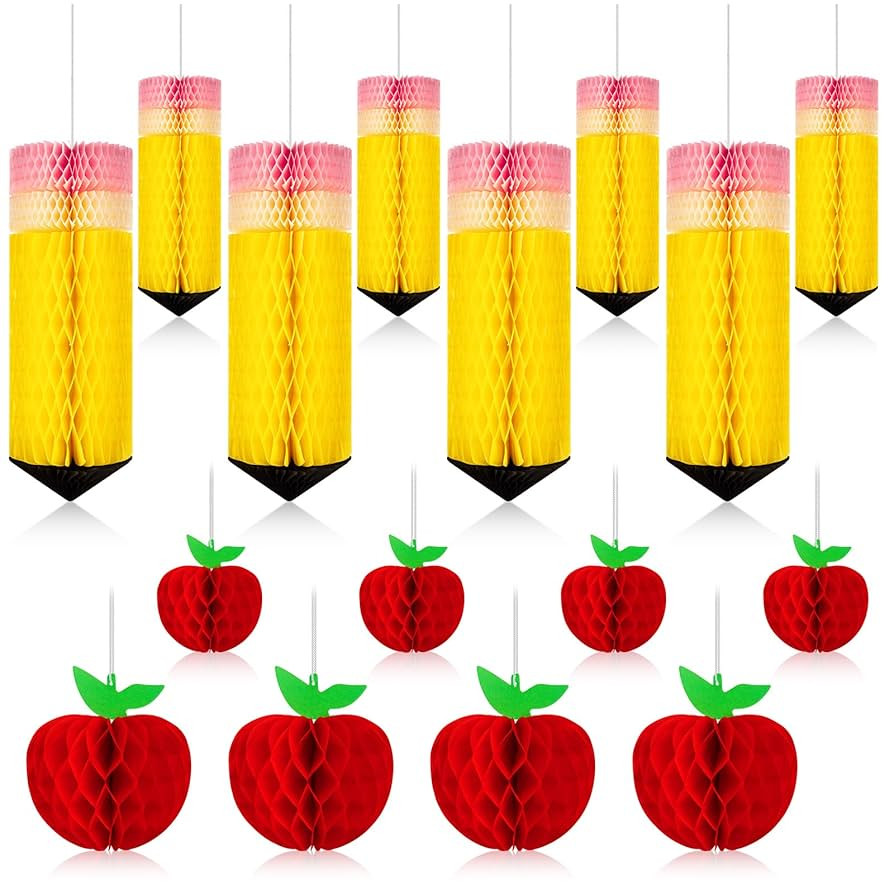 16 Pcs Back to School Decorations Apple Pencil Hanging Honeycomb Pencil Apple Paper Lanterns Hang... | Amazon (US)