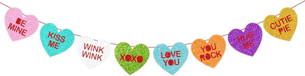 Valentine's Day Conversation Hearts Banner, Glittery Candy Hearts Banner Valentine's Day Decorati... | Amazon (US)