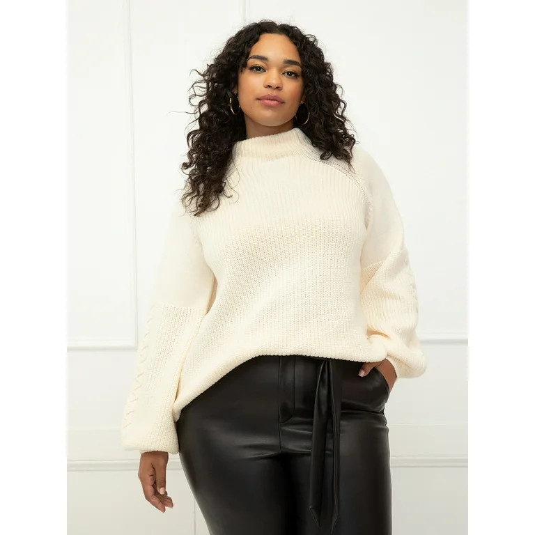 ELOQUII Elements Women's Plus Size Funnel Neck Sweater With Balloon Sleeve | Walmart (US)