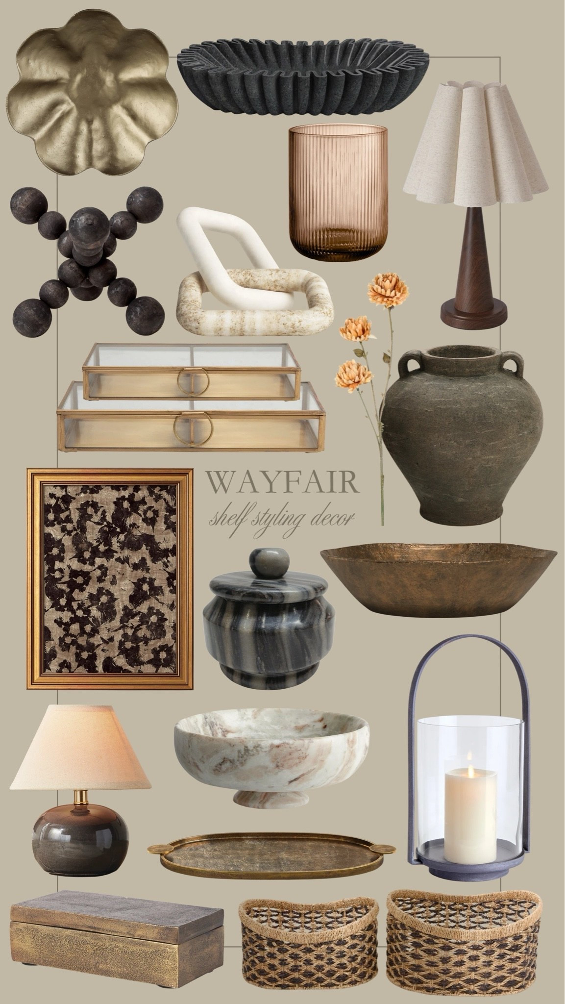 Wayfair shelf styling decor favorites 🤎 The prettiest small decorative objects for a gold, modern, vintage home. Absolutely stunning! 😍