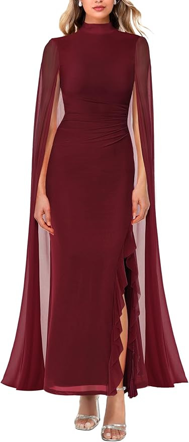 MAYFASEY Women's Formal Dresses Ruffle High Split Long Sleeve Mesh Ruched Bodycon Evening Party M... | Amazon (US)