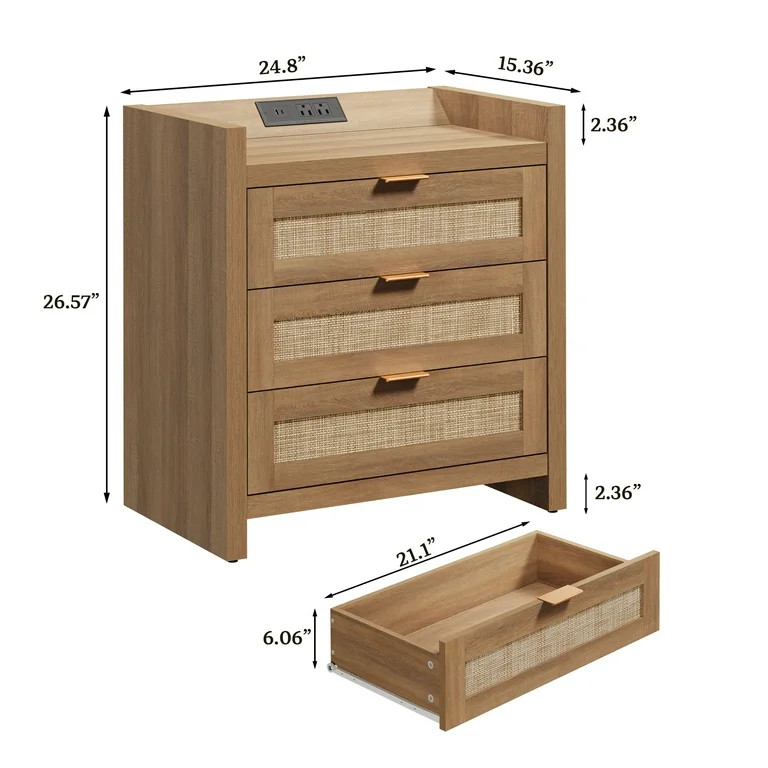 SICOTAS 26.57"H Tall Boho Nightstands Set of 2 with 3 Drawers, Rattan Nightstands with Charging S... | Walmart (US)