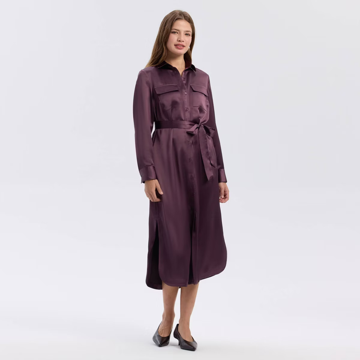 Women's Long Sleeve Belted Satin Midi Shirtdress - A New Day™ | Target