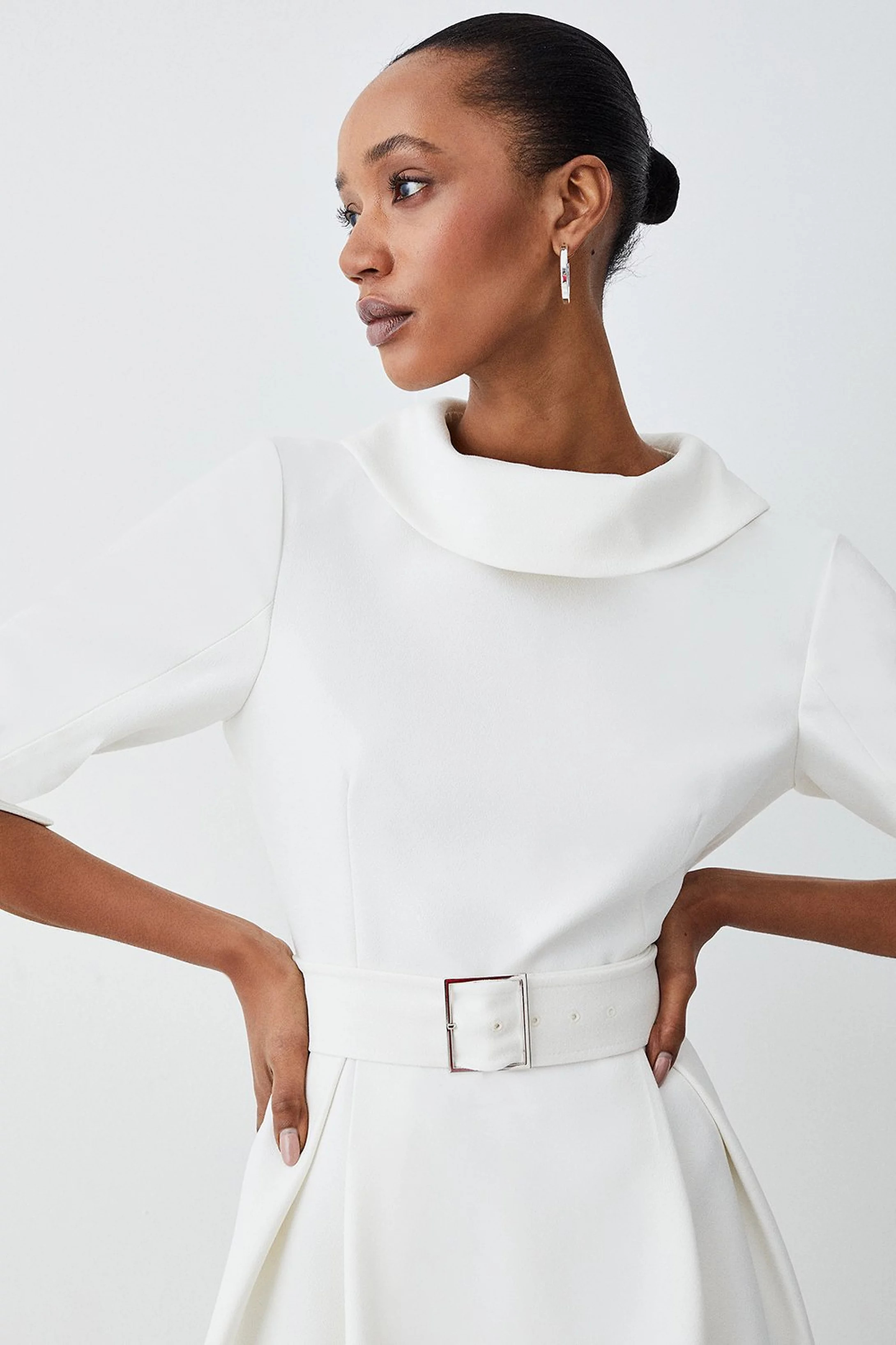 Structured Crepe Turtleneck Dip Hem Midi Dress | Karen Millen US