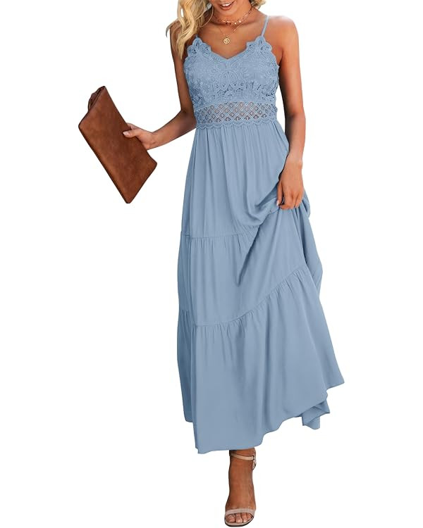 Dokuritu Women's Beach Crochet Lace Maxi Dress Solid Color Summer Vacation Spaghetti Strap Long D... | Amazon (US)