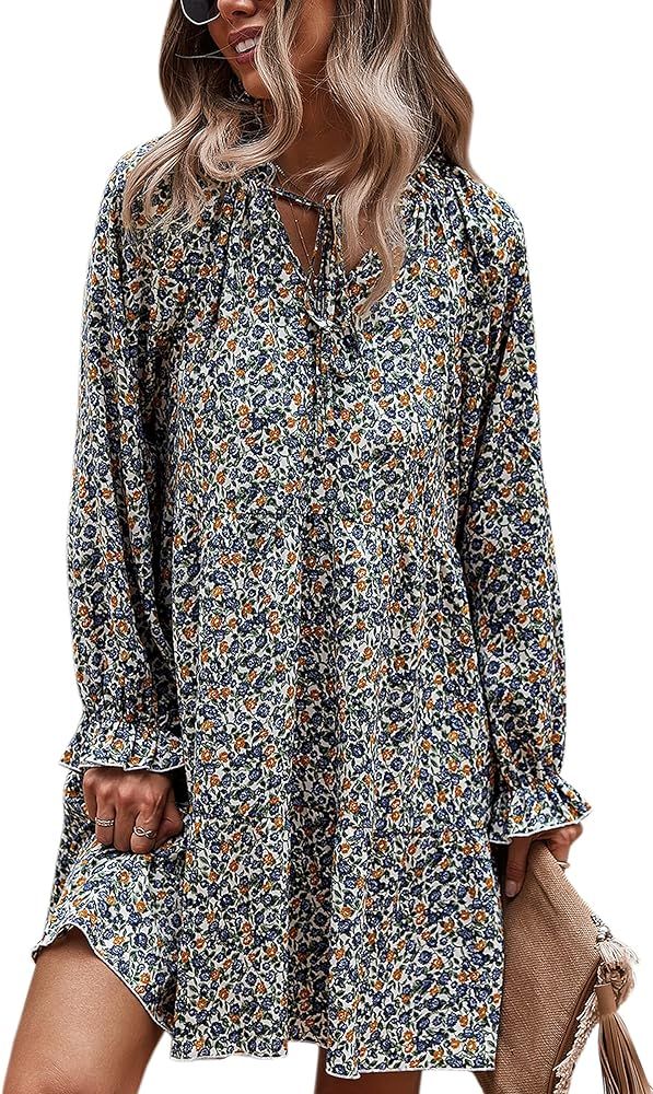Theenkoln Women Dresses Summer Casual Long Sleeves Floral Button Down V Neck Boho Mini Sun Dress | Amazon (US)