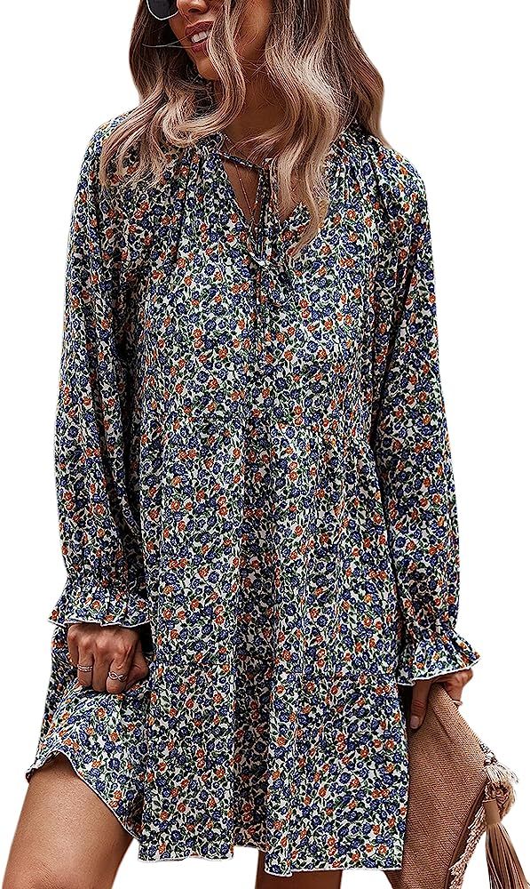 Theenkoln Women Dresses Summer Casual Long Sleeves Floral Button Down V Neck Boho Mini Sun Dress | Amazon (US)