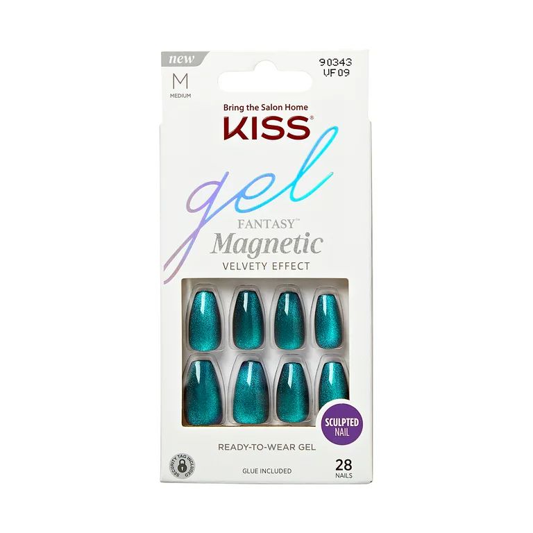 KISS Gel Fantasy Magnetic Medium Coffin Sculpted Gel Nails, Glossy Dark Blue, 28 Count | Walmart (US)