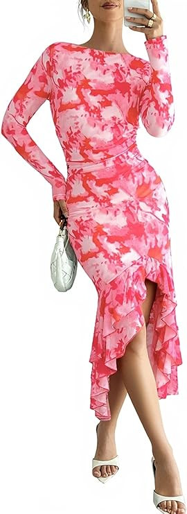 ECOWISH Women's Spring Wedding Guest Dress 2026 Long Sleeve Ruched Bodycon Floral Ruffle Cocktail... | Amazon (US)
