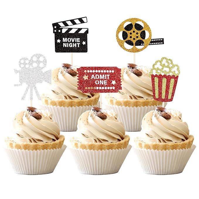 30 PCS Movie Cupcake Toppers Glitter Movie Night Roll Camera Popcorn Cupcake Picks for Hollywood ... | Amazon (US)