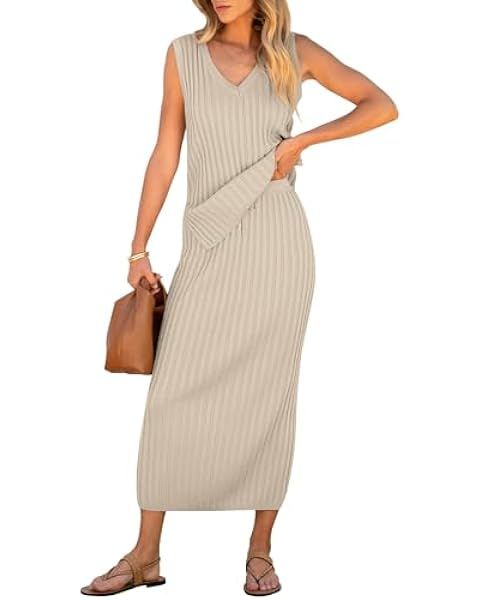 ANRABESS Women's 2 Piece Sweater Skirt Sets Summer Sleeveless Vest Knit Tops Ribbed Casual Midi D... | Amazon (US)